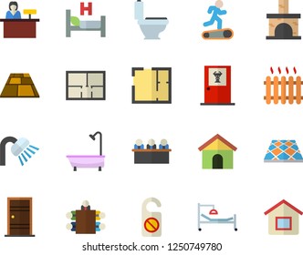 Color flat icon set toilet flat vector, shower, house layout, Entrance door, flooring, fireplace, radiator, hospital bed, meeting, Treadmill, doctor's office fector, reception desk, do not disturb