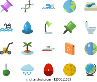 Color flat icon set toilet flat vector, kitchen egg timer, groats, lawn mower, rain, pool, earth, drop, drawing pin, reading lamp, moon, dna, swimming, fector, island, yacht, key, globe