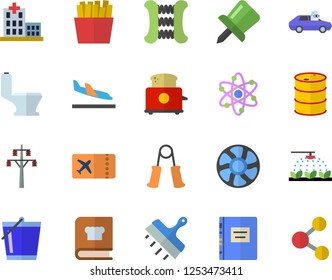 Color flat icon set toilet flat vector, putty knife, toaster, cookbook, French fries, sprinkling machine, bucketful, ventilation, oil tanks, power line support, autopilot, hospital, drawing pin