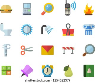 Color flat icon set toilet flat vector, shower, barrier, gas, hamburger, pear, bonfire, trammel, phone call, calculator, mail, computer, antique column fector, scissors, binder clip, drawing pin