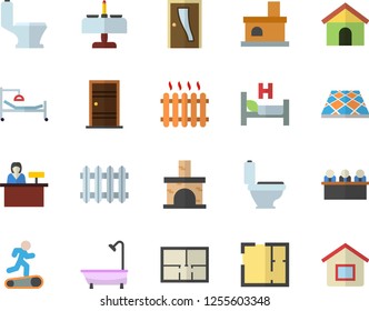 Color flat icon set toilet flat vector, shower, house layout, Entrance door, flooring, fireplace, radiator, hospital bed, meeting, Treadmill, romantic dinner fector, reception desk