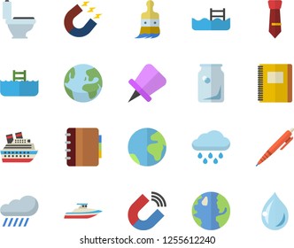 Color flat icon set toilet flat vector, paint brush, rain, earth, magnet, glass bottles, tie, pen, notebook, pool, fector, cruise ship, yacht, drawing pin, drop