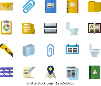 Color flat icon set toilet flat vector, stationery knife, graphic report, calendar, news, notebook, clip, document, computer file, sticker, paper tray, hostory roll, location fector, envelope, book