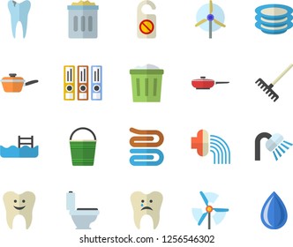 Color flat icon set toilet flat vector, shower, frying pan, saute, towel, plates, rake, bucketful, hose irrigation, tooth, caries, windmill, folders for papers, pool, do not disturb fector, drop