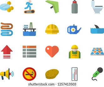 Color flat icon set toilet flat vector, hard hat, flooring, towel, potato, thermometer, watering can, oil production platform, construction worker, pills, heart, sports pear, Treadmill, mouthpiece