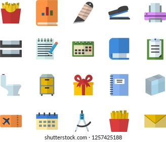 Color flat icon set toilet flat vector, stationery knife, French fries, dividers, book balance accounting, present, clipboard, calendar, sticker, printer, paper tray, archive, stapler, notepad
