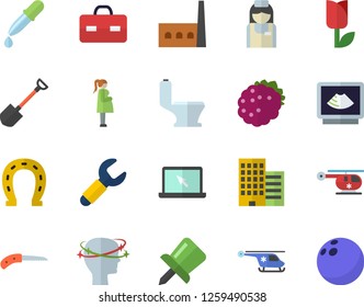 Color flat icon set toilet flat vector, skyscraper, blackberry, horseshoe, shovel, knife, tulip, manufactory, wrench, pipette, briefcase, headache, ultrasound, helicopter, gestation, nurse, laptop