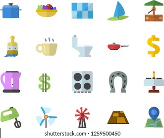 Color flat icon set toilet flat vector, tile, flooring, saucepan, frying pan, electric kettle, stove, mixer, salad, windmill, well, horseshoe, paint brush, dollar, coffee, romantic dinner fector