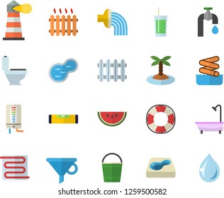 Color flat icon set toilet flat vector, shower, level meter, warm floor, boiler, watermelon, soda, bucketful, hose irrigation, water tap, pond, pool, radiator, lighthouse, funnel, island fector