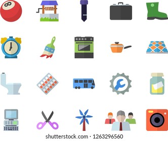 Color flat icon set toilet flat vector, repair, flooring, saute, scissors, electric stove, windmill, well, paint brush, gumboots, case, team, pill packaging, medical analysis, tie, computer, camera