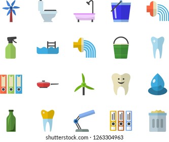 Color flat icon set toilet flat vector, shower, frying pan, windmill, pulverizer, bucketful, hose irrigation, drop, glass bottles, tooth, dental crowns, reading lamp, folders for papers, pool