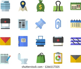 Color flat icon set toilet flat vector, graphic report, wealth, bags, news, calendar, paper tray, copy machine, stamp, mail, notepad, textbook, pushpin, location fector, clip, binder, envelope