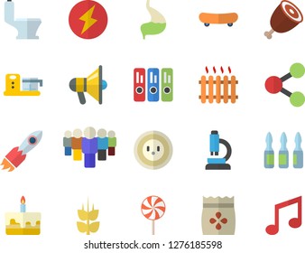 Color flat icon set toilet flat vector, food processor, cake, ham, lollipop, ear, seeds, socket, radiator, rocket, molecules, team, ampoule, stomach, folder, microscope, lightning, skateboard, note