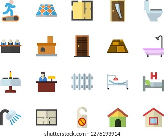 Color Flat Icon Set Toilet Flat Vector, Shower, House Layout, Entrance Door, Flooring, Fireplace, Radiator, Hospital Bed, Meeting, Treadmill, Romantic Dinner Fector, Reception Desk, Do Not Disturb