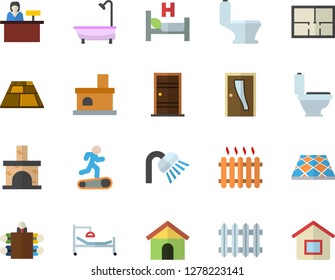 Color flat icon set toilet flat vector, shower, house layout, Entrance door, flooring, fireplace, radiator, hospital bed, meeting, Treadmill, reception desk fector