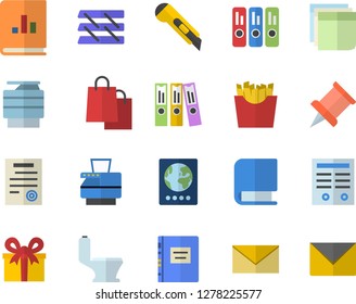 Color flat icon set toilet flat vector, stationery knife, French fries, bags, book balance accounting, present, sticker, folder, paper tray, copy machine, contract, textbook, pushpin, envelope