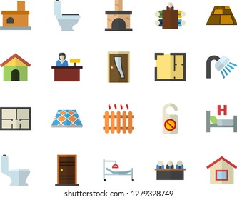 Color Flat Icon Set Toilet Flat Vector, Shower, House Layout, Entrance Door, Flooring, Fireplace, Radiator, Hospital Bed, Meeting, Reception Desk Fector, Do Not Disturb