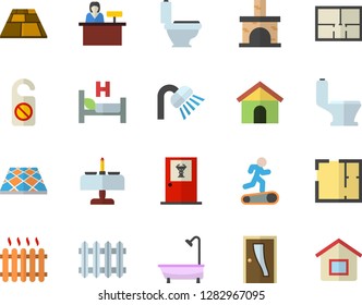 Color flat icon set toilet flat vector, shower, house layout, Entrance door, flooring, fireplace, radiator, hospital bed, Treadmill, romantic dinner fector, doctor's office, reception desk