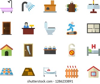 Color Flat Icon Set Toilet Flat Vector, Shower, House Layout, Entrance Door, Flooring, Fireplace, Radiator, Hospital Bed, Meeting, Treadmill, Romantic Dinner Fector, Reception Desk, Do Not Disturb