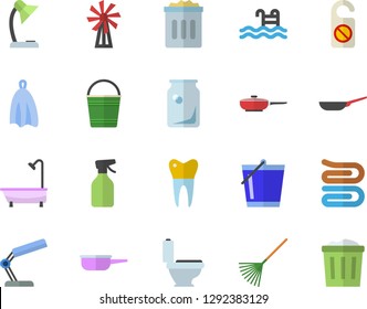 Color flat icon set toilet flat vector, shower, frying pan, saute, towel, windmill, pulverizer, rake, bucketful, glass bottles, dental crowns, reading lamp, pool, do not disturb fector, trash can