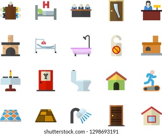 Color Flat Icon Set Toilet Flat Vector, Shower, Entrance Door, Flooring, Fireplace, Hospital Bed, Meeting, Treadmill, Romantic Dinner, Doctor's Office, Reception Desk, Do Not Disturb, House