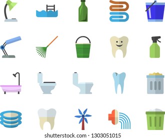 Color flat icon set toilet flat vector, shower, towel, plates, windmill, pulverizer, rake, bucketful, hose irrigation, glass bottles, tooth, caries, dental crowns, reading lamp, pool, trash can