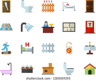 Color flat icon set toilet flat vector, shower, house layout, Entrance door, flooring, fireplace, radiator, hospital bed, meeting, Treadmill, romantic dinner fector, doctor's office, reception desk