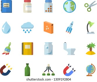 Color flat icon set toilet flat vector, groats, paint brush, rain, earth, magnet, glass bottles, notebook, reading lamp, hierarchy, rocket, vitamins, island vector, scissors, drop, globe