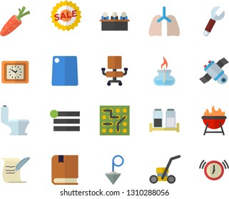 Color flat icon set toilet flat vector, construction plummet, cutting board, spice, barbecue, carrot, lawn mower, wrench, clock, sell out, lungs, office chair, meeting, satellit, gas burner, menu