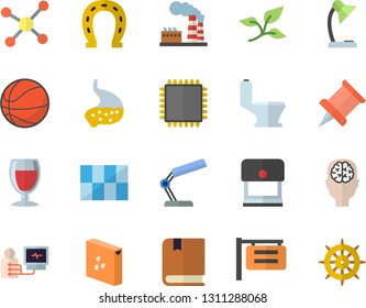 Color flat icon set toilet flat vector, tile, groats, wine, horseshoe, tree leaf, factory, signboard, diagnostics, stomach, reading lamp, molecule, cpu, textbook, pushpin, brain fector, basketball