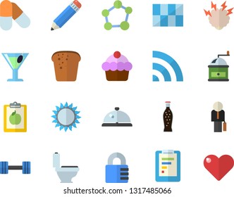 Color flat icon set toilet flat vector, tile, coffee grinder, gas, cake, bread, lemonade, cocktail, graphic report, pencil, businessman, molecule, brainstorm, dumbbell, diet, pills, jingle fector