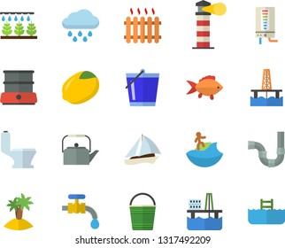 Color flat icon set toilet flat vector, pipes, boiler, teapot, double, fish, lemon, sprinkling machine, bucketful, water tap, rain, oil production platform, radiator, lighthouse, sailboat fector
