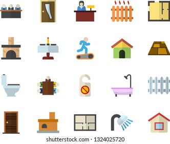 Color Flat Icon Set Toilet Flat Vector, Shower, House Layout, Entrance Door, Flooring, Fireplace, Radiator, Meeting, Treadmill, Romantic Dinner Fector, Reception Desk, Do Not Disturb