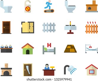 Color Flat Icon Set Toilet Flat Vector, Shower, House Layout, Entrance Door, Flooring, Fireplace, Radiator, Hospital Bed, Meeting, Treadmill, Romantic Dinner Fector, Reception Desk, Do Not Disturb