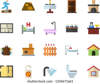 Color Flat Icon Set Toilet Flat Vector, Shower, House Layout, Entrance Door, Flooring, Fireplace, Radiator, Hospital Bed, Meeting, Treadmill, Romantic Dinner Fector, Reception Desk, Do Not Disturb