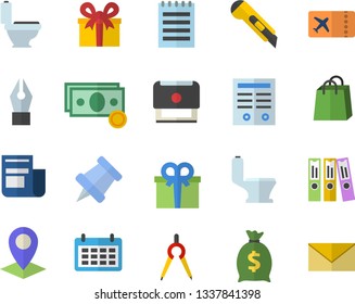 Color flat icon set toilet flat vector, stationery knife, dividers, location, cash, wealth, calendar, bags, news, present, ink pen, folder, contract, stamp, notepad, pushpin, ticket fector, envelope