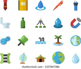 Color flat icon set toilet flat vector, pond, earth, drop, magnet, glass bottles, drawing pin, tie, hierarchy, pen, globe, notebook, carpal expander, pool, airport tower fector, tent, island
