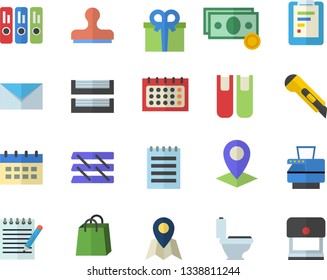 Color flat icon set toilet flat vector, stationery knife, location, graphic report, cash, calendar, bags, present, folder, paper tray, copy machine, book, mail, notepad, fector, stamp