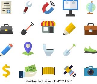 Color flat icon set toilet flat vector, fence, shovel, magnet, wrench, store front, billboard, location, dollar, investments, briefcase, pencil, contract, satellit, globe, sneakers, camera