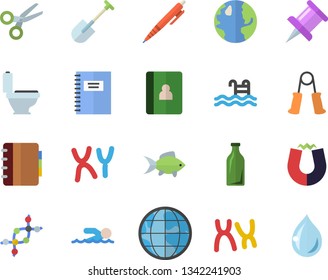 Color flat icon set toilet flat vector, fish, shovel, earth, glass bottles, chromosomes, drawing pin, pen, magnet, notebook, dna, carpal expander, swimming, pool, scissors, drop