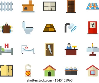 Color flat icon set toilet flat vector, shower, house layout, Entrance door, flooring, fireplace, radiator, hospital bed, meeting, romantic dinner  , doctor's office, reception desk