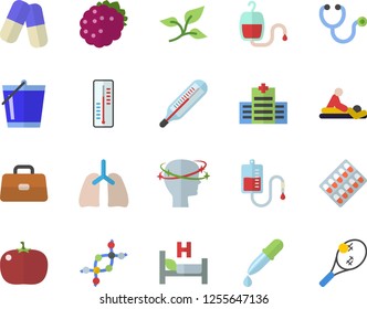 Color flat icon set tomato flat vector, blackberry, thermometer, bucketful, tree leaf, pill packaging, pills, blood transfusion, pipette, stethoscope, briefcase, hospital bed, massage, headache, dna