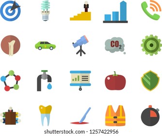 Color flat icon set tomato flat vector, water tap, energy saving lamp, electric cars, carbon dioxide, cogwheel, chart, phone call, scalpel, molecules, dental crowns, bone fracture, target, meeting