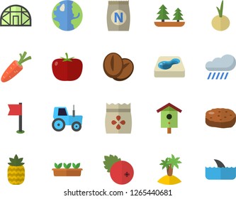 Color flat icon set tomato flat vector, cutlet, coffee beans, onion, cranberry, pineapple, seeds, fertilizer vectory, nesting box, carrot, tractor, seedlings, rain, pool, greenhouse, earth, forest