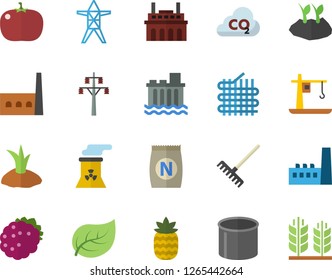 Color flat icon set tomato flat vector, blackberry, pineapple, fertilizer vectory, rake, planting plants, tree leaf, power line support, hydroelectric station, manufactory, plant, fabric manufacture