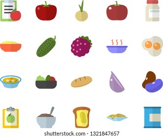 Color flat icon set tomato flat vector, legumes, bread, spaghetti, salad, soup, porridge, garlic, onion, cucumber, scrambled eggs, blackberry, sandwich, diet, vitamins, proteins