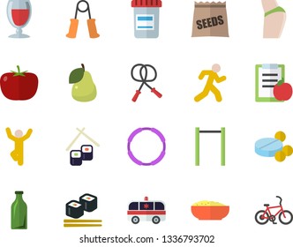 Color flat icon set tomato flat vector, porridge, fish rolls, wine, pear, seeds, glass bottles, pills, vial, ambulance, diet, buttocks, skipping rope, carpal expander, parallel bars, gymnastics, run