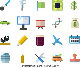 Color flat icon set tool flat vector, kitchen spoon, fish rolls, jam, mustard, electric cars, trammel, billboard, dollar, wealth, flipchart, flag, calendar, copy machine, pencil, cpu, dna, transfer