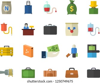 Color flat icon set tool bag flat vector, groats, spaghetti on a fork, fertilizer vectory, case, investments, wealth, medical warmer, blood transfusion, briefcase, sport, luggage fector, suitcase