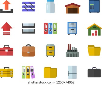 Color flat icon set tool bag flat vector, fridge, glass jar, plant, warehouse, computer file, folder, paper tray, archive, safe fector, upload, briefcase, case